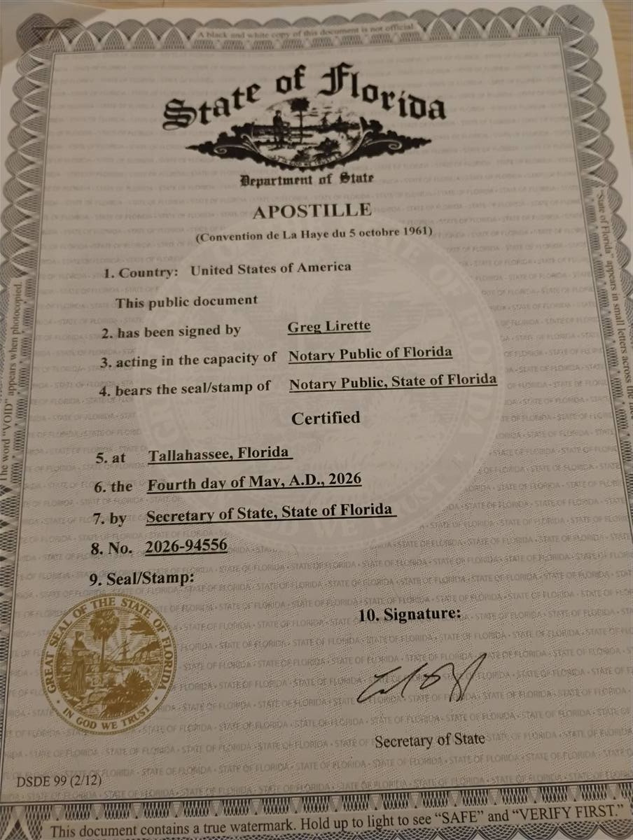 Example Florida apostille issued by the Florida Department of State.