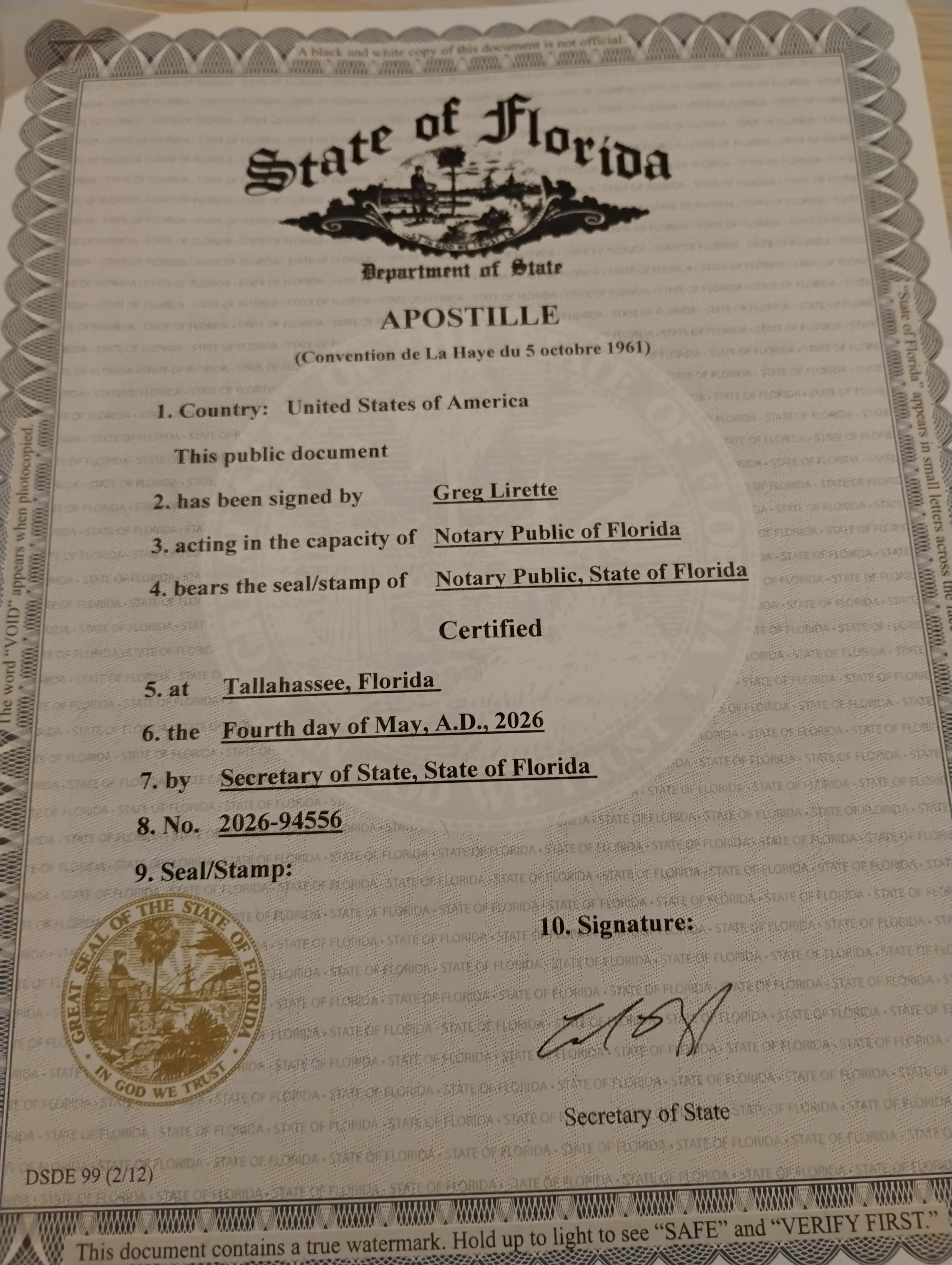 Example Florida apostille issued by the Florida Department of State.