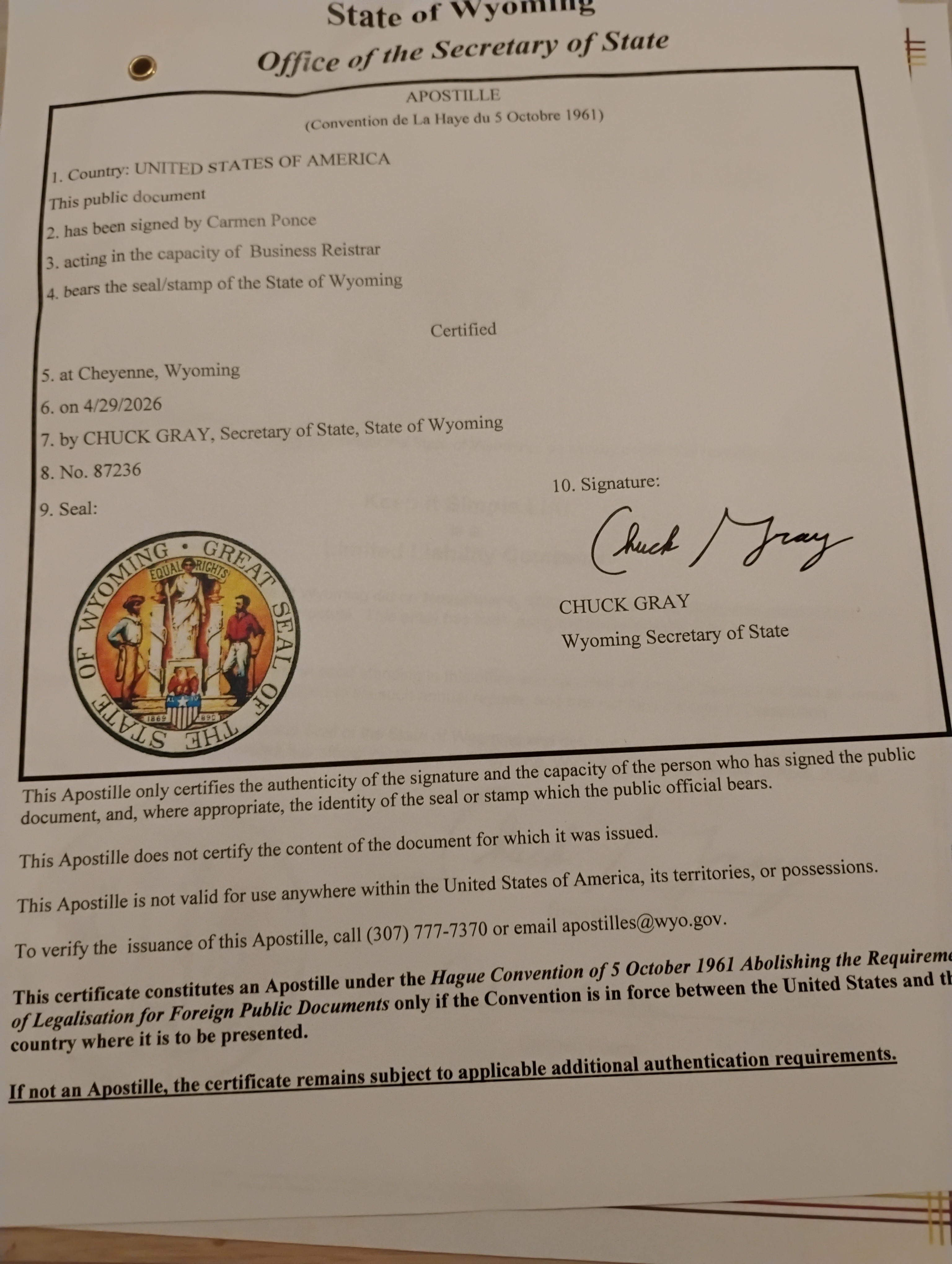 Example Wyoming apostille issued by the Wyoming Secretary of State.